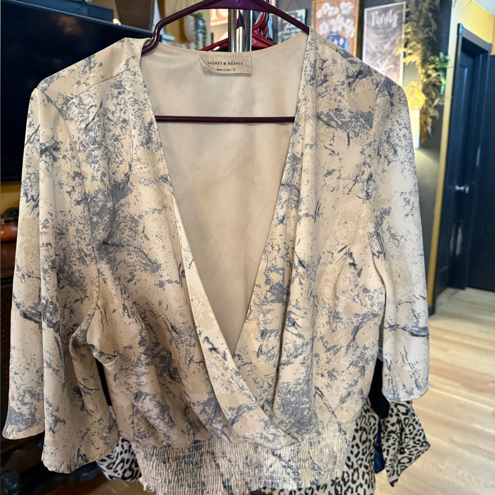 Saints & Hearts Cream and Blue Wrap Top